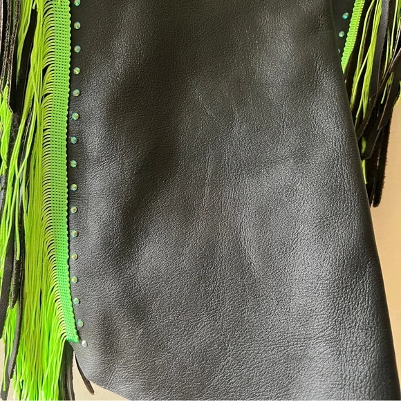 Black Leather Chaps with Green Fringe and Rhinestone Embellishments - Picture 5 of 16